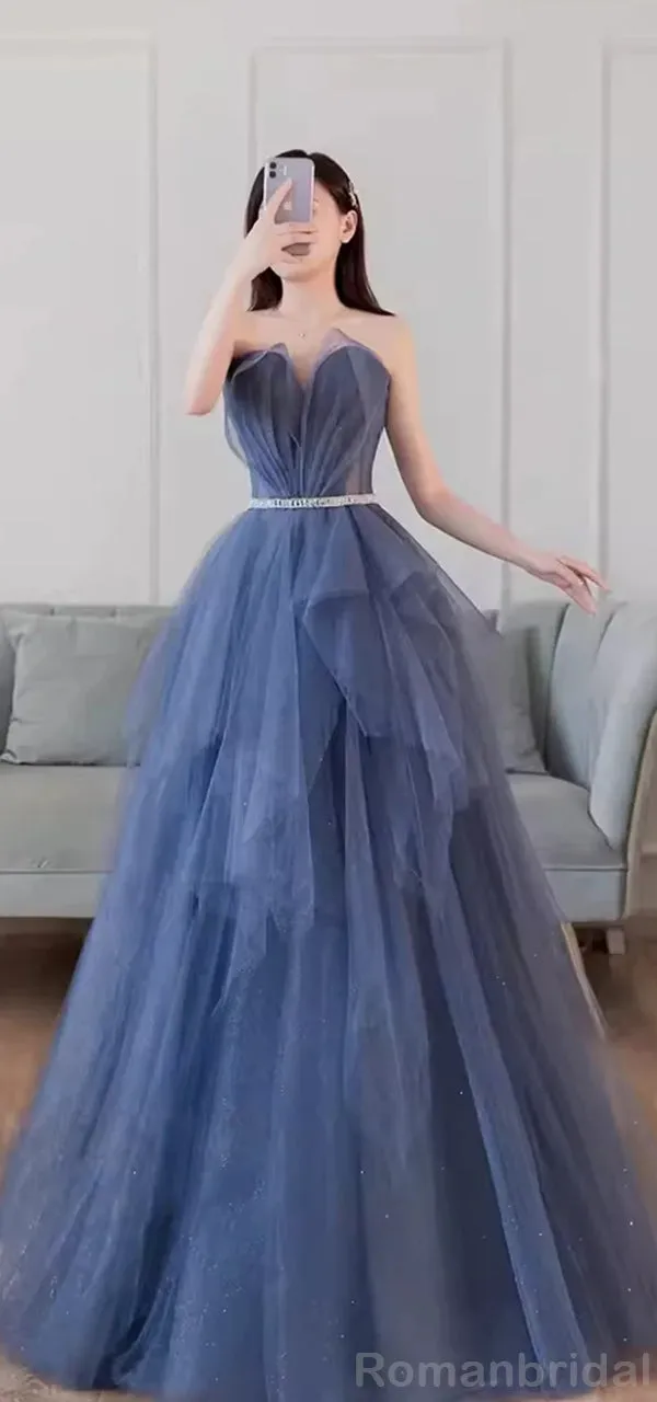 Elegant A-line Sleeveless Tulle Slate Blue Long Evening Prom Dress Online, OL096