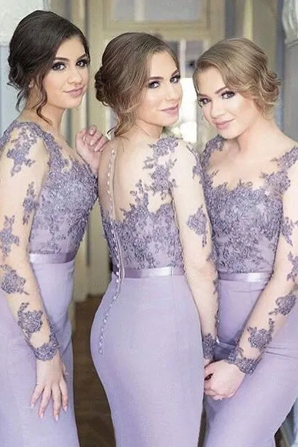 Elegant Lace Long Sleeves Bridesmaid Dress,Lavender Mermaid Bridesmaid Dress,SVD479