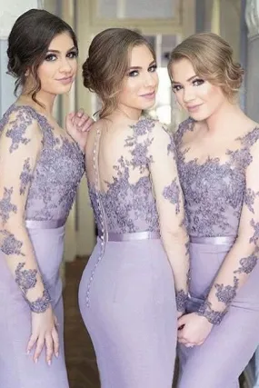 Elegant Lace Long Sleeves Bridesmaid Dress,Lavender Mermaid Bridesmaid Dress,SVD479