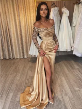 Elegant Mermaid Long Sleeves Sequins Long Champagne Prom Dresses with Side Slit, OL712