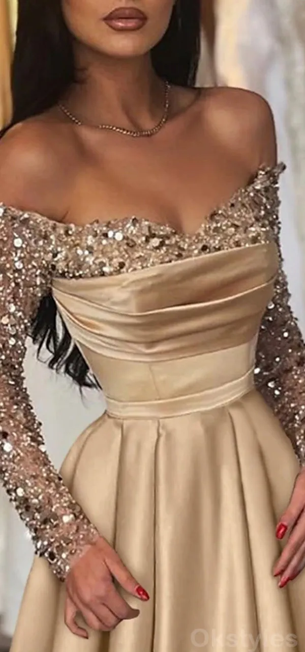 Elegant Mermaid Long Sleeves Sequins Long Champagne Prom Dresses with Side Slit, OL712