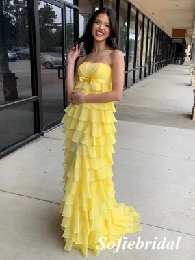 Elegant Yellow Chiffon Sweetheart A-Line Floor Length Prom Dress With Belt, PD01043