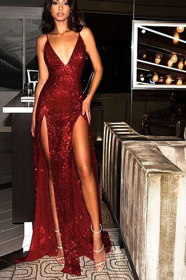 Fabulous Sequins Burgundy V Neck Backless Long Prom Dress with Slit, M326