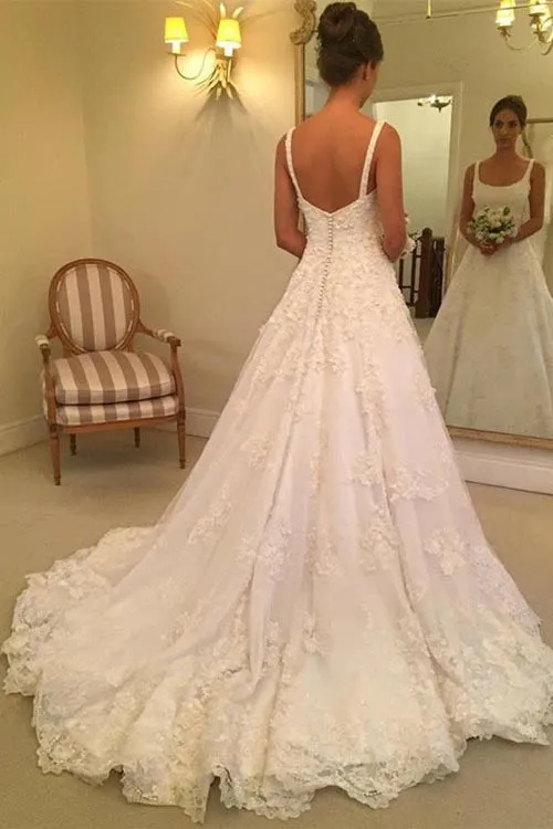 Fabulous White A-line Sleeveless Scoop Sweep Train Wedding Dress with Appliques, SW158