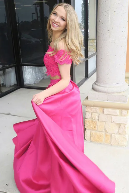 Fashion Two Piece Off Shoulder Long Prom Dress with Lace, Satin Formal Dresses, M300