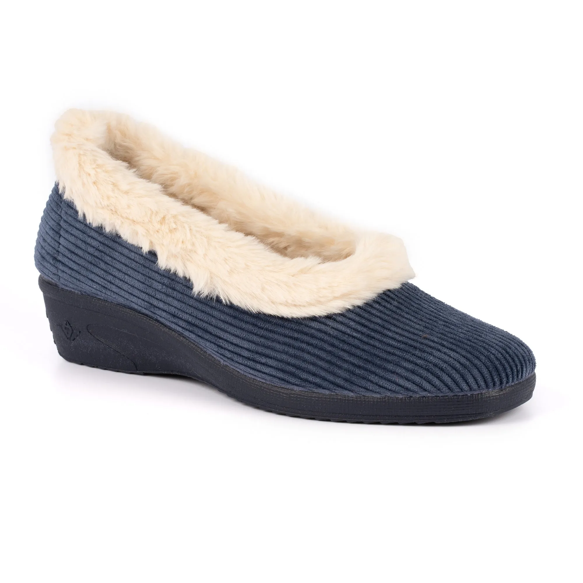 Ladies Bedroom Slippers Lunar Wedge Heel Navy GLYNIS KLA154BL