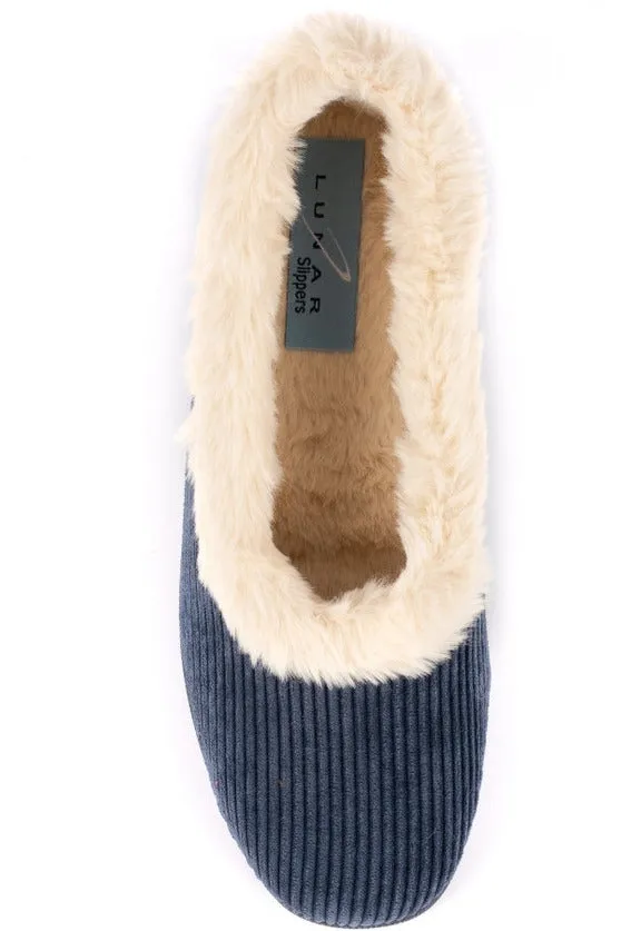 Lunar Glynis Navy Fur Trim Wedge Slipper KLA154