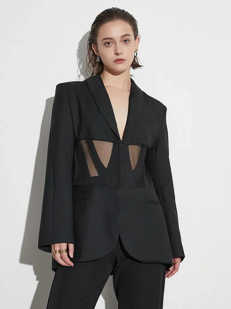 Patchwork Sheer Mesh Sexy Blazers For Women Notched Collar Long Sleeve Spliced Pocket Female Fashion Clothing