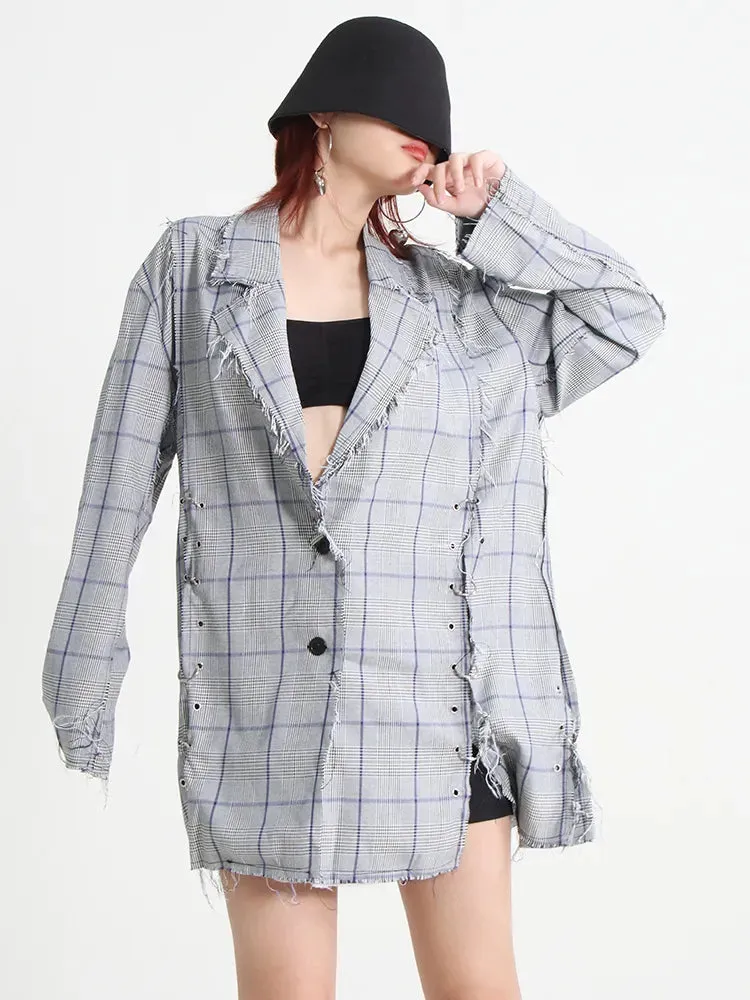 Plaid Blazers For Women Notched Collar Long Sleeve Patchwork Single Breasted Slim Temperament Blazer Female