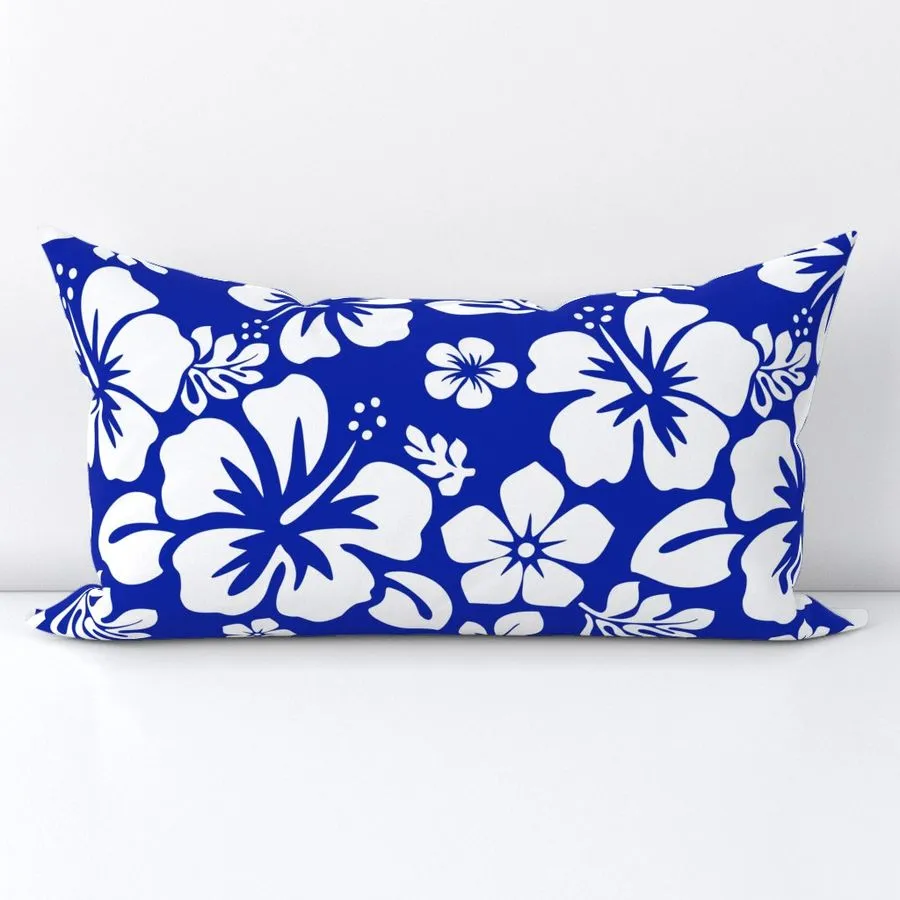 White Hawaiian Flowers on Royal Blue Lumbar Throw Pillow